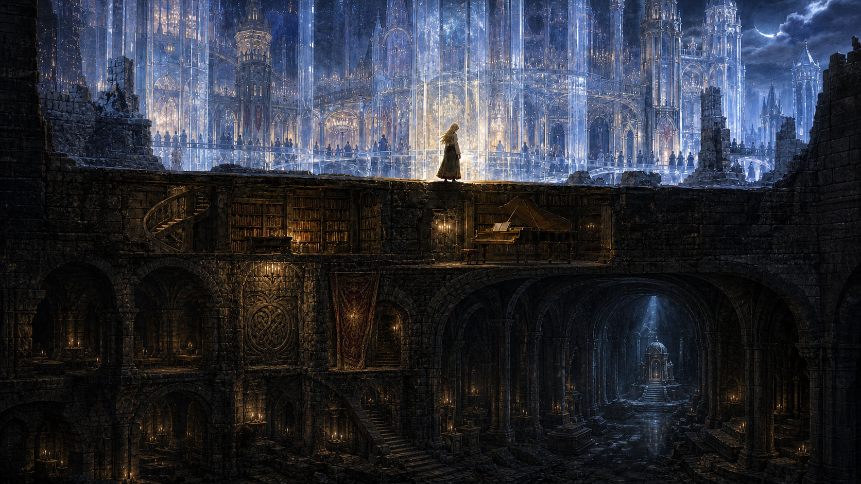 A wide cutaway shows the glass palace layered over older black stone. The upper levels hold bridges, chandeliers, and distant courtly figures; books and a pianoforte occupy the middle; below are carved Wyrdmarks, a tapestry, hidden passages, and a moonlit chamber. A small golden-haired Celaena stands at the boundary between glass and stone.