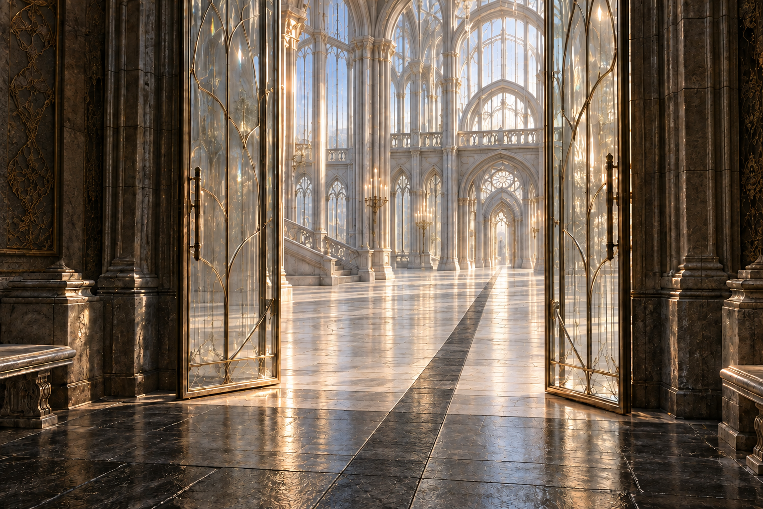 A dark stone doorway opens through tall gilded glass doors into a bright palace hall. The old black floor continues into the sunlit space, with a long central line leading towards distant arches and pale windows.
