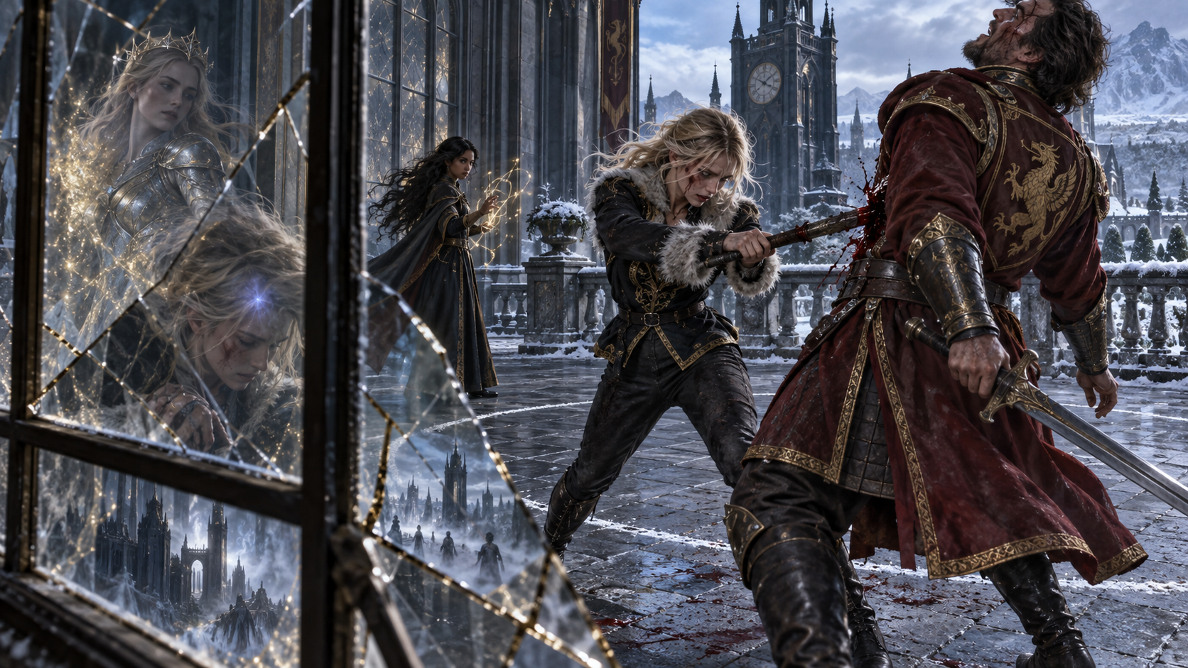 Through a fractured glass panel on a freezing palace veranda, battered Celaena drives Nehemia's broken iron-tipped staff into Cain's side. Nehemia traces quiet Wyrdmarks behind her while Elena fades in the reflection, making the physical strike and the private supernatural intervention visible at once.