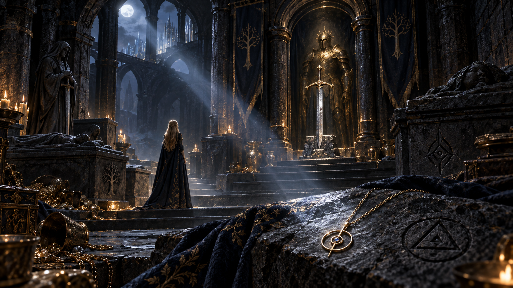 A moonlit stone tomb holds separate traces of old power: Damaris before Gavin's golden armour, the hard-gold Eye of Elena hanging from a delicate chain with its overlapping circles and blue gem, and untranslated Wyrdmarks carved into the architecture. Treasure, sarcophagi, and a small golden-haired Celaena at the threshold establish scale.