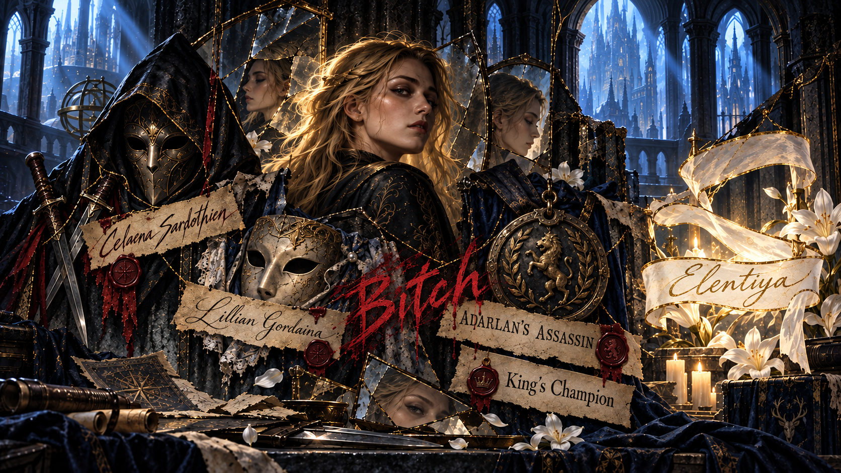 A layered archive beneath a glass palace shows a guarded golden-haired young woman surrounded by six distinct identity marks: parchment labels for Celaena Sardothien, Lillian Gordaina, Adarlan's Assassin, and King's Champion; a rough red handwritten Bitch scrawled across them; and a separate clean luminous Elentiya ribbon. Masks, seals, and broken reflections suggest different people and institutions naming her. There is no family tree or confirmed bloodline.