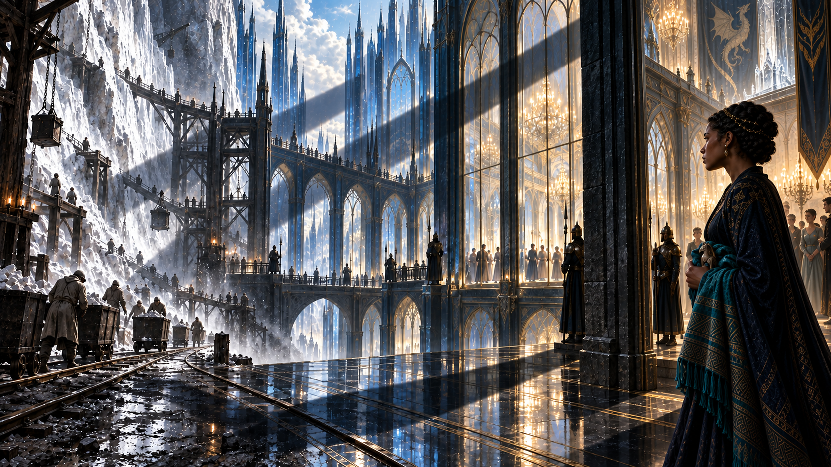 A wide non-cartographic panorama moves through three connected thresholds: Endovier's white salt works and labour rails at left, Rifthold's luminous blue glass palace and watched court at centre with a royal wyvern banner, and Princess Nehemia in profile at a dark palace threshold on the right. A broad structural shadow begins in the palace architecture and crosses the palace floor toward the mine and Nehemia; it is not a literal map or supernatural apparition.