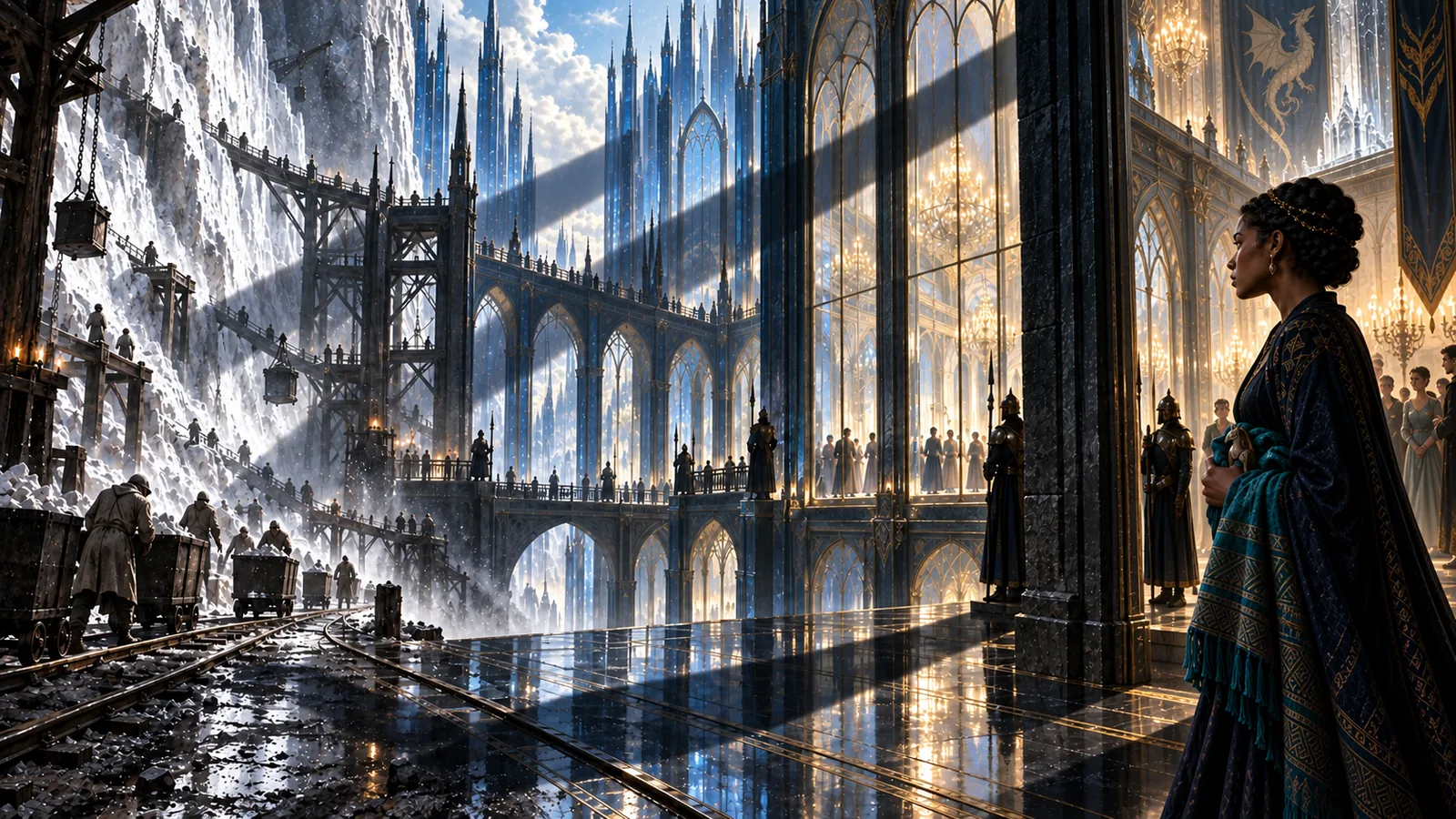 A wide non-cartographic panorama moves through three connected thresholds: Endovier's white salt works and labour rails at left, Rifthold's luminous blue glass palace and watched court at centre with a royal wyvern banner, and Princess Nehemia in profile at a dark palace threshold on the right. A broad structural shadow begins in the palace architecture and crosses the palace floor toward the mine and Nehemia; it is not a literal map or supernatural apparition.